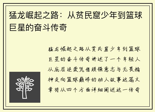 猛龙崛起之路：从贫民窟少年到篮球巨星的奋斗传奇