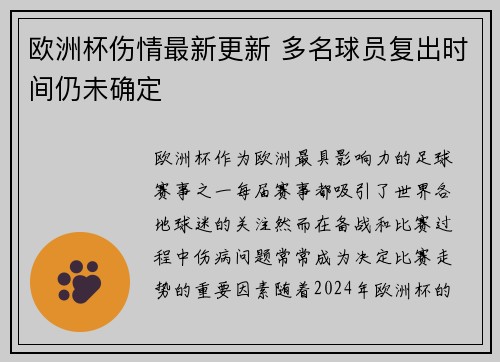 欧洲杯伤情最新更新 多名球员复出时间仍未确定