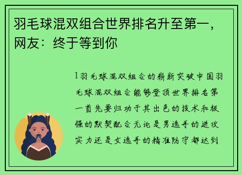 羽毛球混双组合世界排名升至第一，网友：终于等到你