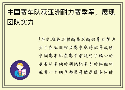 中国赛车队获亚洲耐力赛季军，展现团队实力